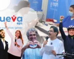 Montaje gráfico con candidatos presidenciales y el logo de Nueva EPS en medio delas elecciones presidenciales de 2026 en Colombia.