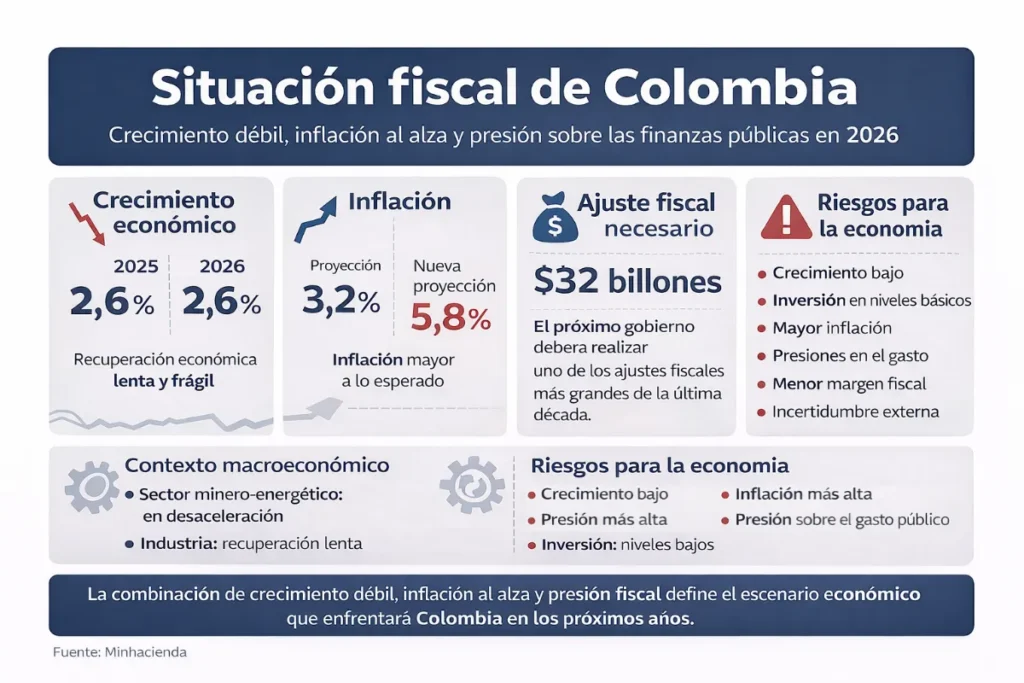 Situación fiscal de Colombia: el hueco de $32 billones que heredará el próximo gobierno 2 Infografía que resume indicadores clave de la situación fiscal de Colombia, incluyendo crecimiento económico, inflación y necesidades de ajuste fiscal.