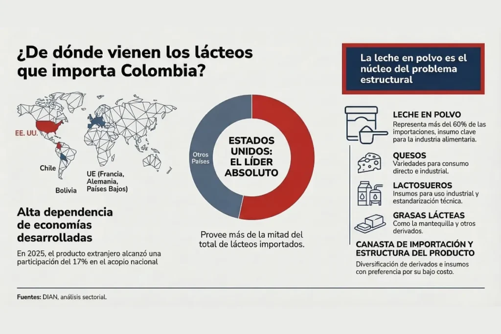 Crisis del sector lechero en Colombia se agrava por récord de importaciones en 2025 pese a precios más altos de la última década 3 Infografía que muestra el origen de las importaciones de lácteos en Colombia y el peso dominante de Estados Unidos.
