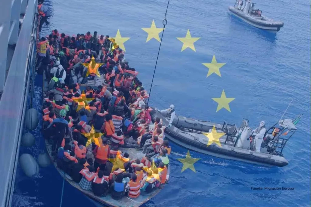 Colombianos podrían enfrentar más rechazos en Europa desde 2026: así funciona la nueva política migratoria europea 2 migrantes con bandera europea de fondo