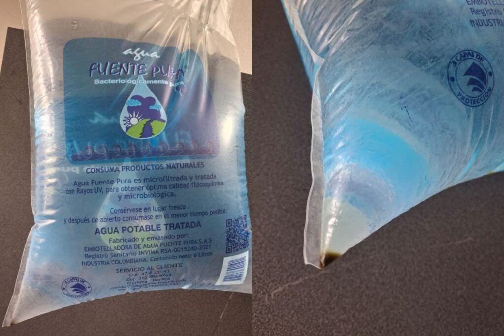 ¿Qué tan segura es la marca de agua que compran los colombianos? Ciudadana denuncia residuos de tierra o lodo en agua en bolsa 2 marca de agua, agua de bolsa, comercialización de agua en Bogotá, Invima, agua de bolsa Fuente Pura mal tratada, Más Colombia