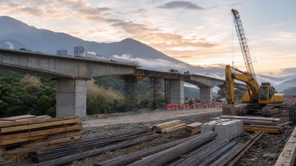 Maquinaria amarilla trabajando en una obra vial con material de construcción apilado