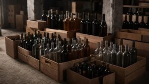 Botellas de licor sin etiquetas apiladas en cajas de madera dentro de una bodega