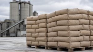 Sacos de cemento apilados sobre estibas frente a los silos de una planta cementera
