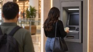 Mujer de espaldas retira dinero de un cajero mientras un hombre espera su turno.
