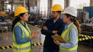 Trabajadores con elementos de protección revisan una zona de una planta industrial ficticia