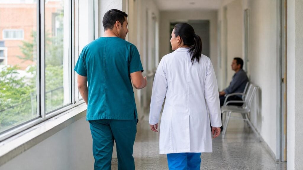 Personal de salud camina por el pasillo de un centro de atención médica corriente.
