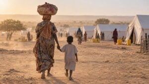 Una mujer y un niño sudaneses llegan a un campamento de refugiados en el este de Chad.