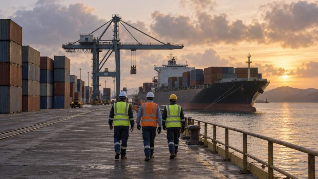 Tres trabajadores portuarios caminan junto a contenedores, una grúa y un buque al amanecer.