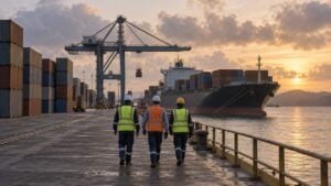 Tres trabajadores portuarios caminan junto a contenedores, una grúa y un buque al amanecer.