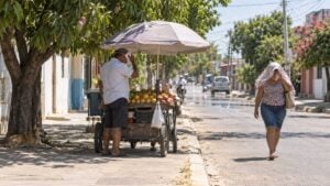 Vendedor bajo una sombrilla, mujer con pañuelo y perro a la sombra en una calle calurosa de Valledupar