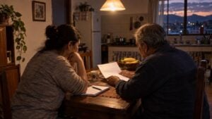Una mujer y un hombre mayor revisan una factura de servicios en la mesa de una casa al atardecer.