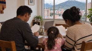 Una pareja joven y su hija revisan papeles y un portátil junto a un frasco de ahorros en la mesa de un apartamento en Bogotá, con edificios de ladrillo por la ventana.