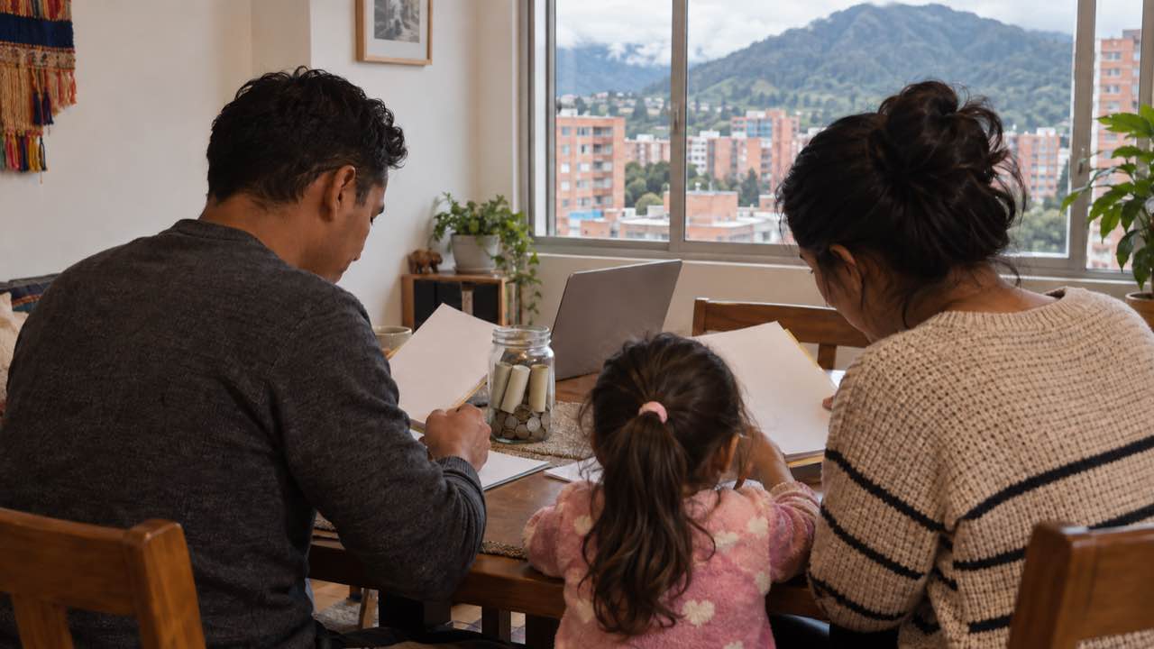 Bogotá abre Ahorro para mi Casa del 6 al 8 de octubre: paga hasta $1.085.561 de arriendo al mes a hogares que ahorren $472.744 1 Una pareja joven y su hija revisan papeles y un portátil junto a un frasco de ahorros en la mesa de un apartamento en Bogotá, con edificios de ladrillo por la ventana.