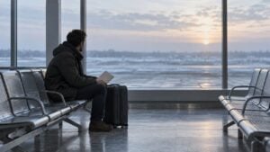 Hombre adulto sentado con una maleta y un sobre en la sala de espera de una terminal