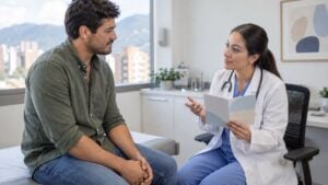 Un hombre conversa con una médica en un consultorio sobre métodos anticonceptivos.