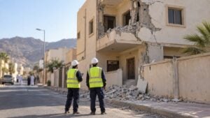 Trabajadores de defensa civil inspeccionan una casa dañada en una calle residencial saudita.