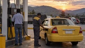 Empleado llena el tanque de un taxi amarillo en una estación de carretera con camiones y montañas al fondo
