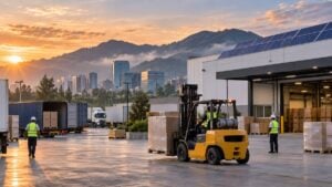 Operarios cargan contenedores junto a una planta industrial con paneles solares y oficinas al fondo.