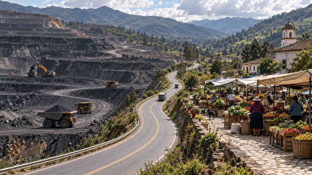 El Banco de la República midió que su tasa frena más a las regiones mineras: donde hay más crédito e informalidad cae más empleo 1 Mina de carbón y plaza campesina separadas por una carretera de montaña