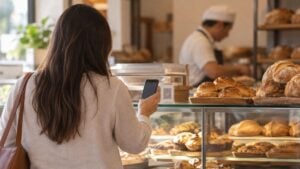 Clienta paga con su celular en la vitrina de una panadería mientras el panadero atiende detrás del mostrador.