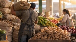 Comerciante carga un bulto junto a papas, cebollas y frutas en una central de abastos al amanecer.