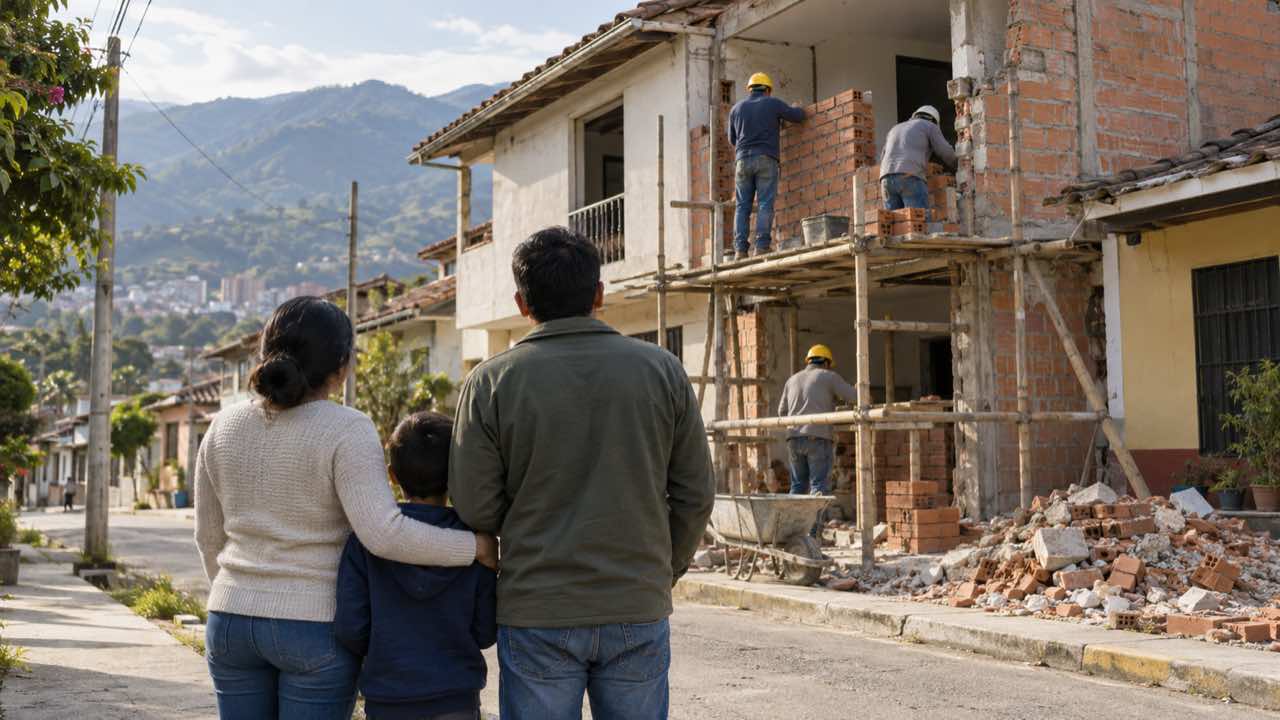 El Banco Mundial aprobó otro crédito de US$200 millones por el terremoto: con el de agosto suman US$400 millones para las familias 1 Obreros reconstruyen una casa dañada por el terremoto mientras una familia observa desde la acera.