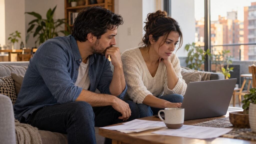 una pareja revisa en un computador portátil las cuotas de su crédito en la sala de su casa en Bogotá.