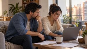 una pareja revisa en un computador portátil las cuotas de su crédito en la sala de su casa en Bogotá.