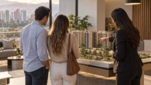 Una pareja revisa con una asesora la maqueta de un proyecto de vivienda.