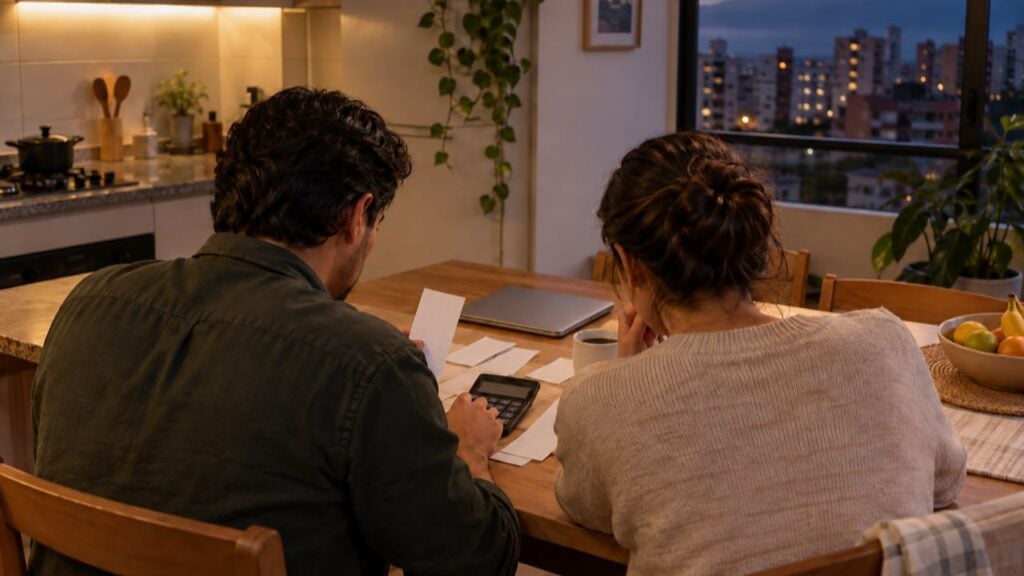 Una pareja revisa recibos y hace cuentas con una calculadora en la mesa de la cocina.