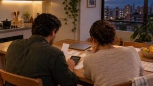 Una pareja revisa recibos y hace cuentas con una calculadora en la mesa de la cocina.
