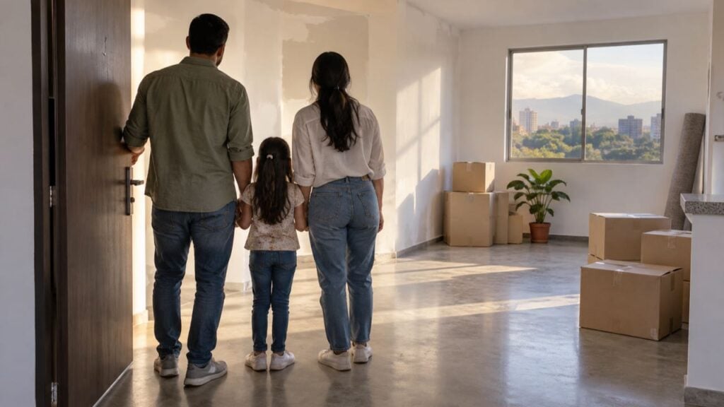 Familia de espaldas entra a un apartamento nuevo con cajas de mudanza