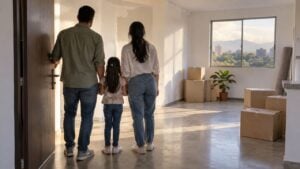 Familia de espaldas entra a un apartamento nuevo con cajas de mudanza