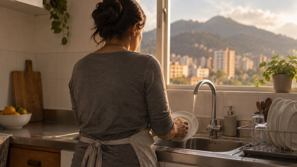 Mujer de espaldas lava platos en una cocina de Bogotá con los cerros desenfocados al fondo