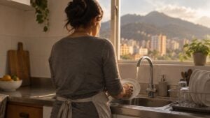 Mujer de espaldas lava platos en una cocina de Bogotá con los cerros desenfocados al fondo