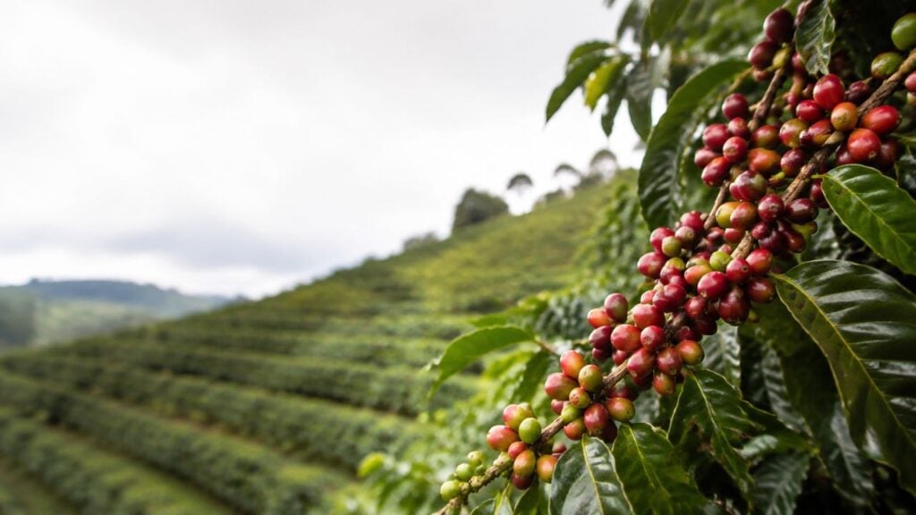 Rama de cafeto con cerezas rojas y verdes frente a un cafetal en ladera