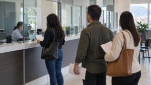 Personas esperan con documentos frente a las ventanillas de una oficina de pasaportes.