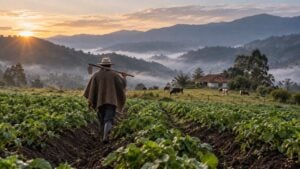 Productor campesino camina entre cultivos de una finca montañosa al amanecer