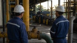 Trabajadores observan tuberías de gas en una planta industrial genérica parcialmente detenida