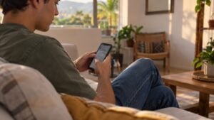 Un hombre escribe en su celular desde el sofá de su casa.