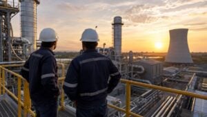 Dos trabajadores revisan equipos en una central termoeléctrica genérica al atardecer