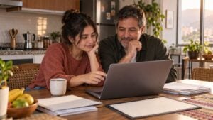 Dos adultos revisan una convocatoria de empleo público en un portátil sobre la mesa de una cocina.