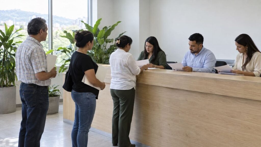 Personas adultas esperan con documentos mientras tres funcionarios atienden en una oficina regional luminosa.