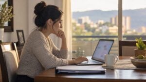 Mujer revisa una plataforma de inscripción en un portátil desde el comedor de su casa.