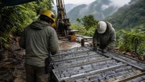 Geólogos ficticios revisan testigos de perforación en un campamento minero genérico de montaña.
