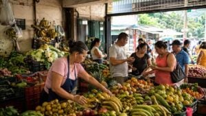 Personas compran alimentos en un mercado de barrio colombiano.