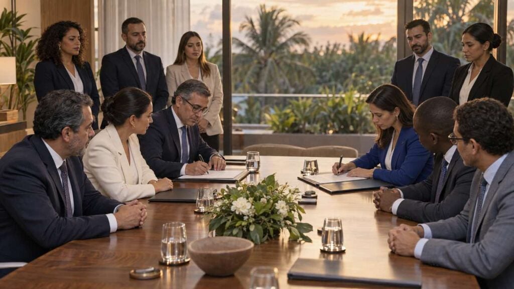 Delegaciones ficticias firman carpetas en un salón con luz cálida y vegetación tropical al fondo.