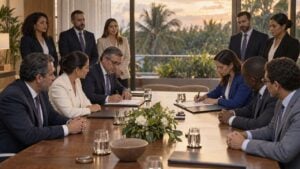 Delegaciones ficticias firman carpetas en un salón con luz cálida y vegetación tropical al fondo.