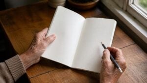 Manos de una persona mayor con una libreta y un lápiz sobre una mesa junto a una ventana